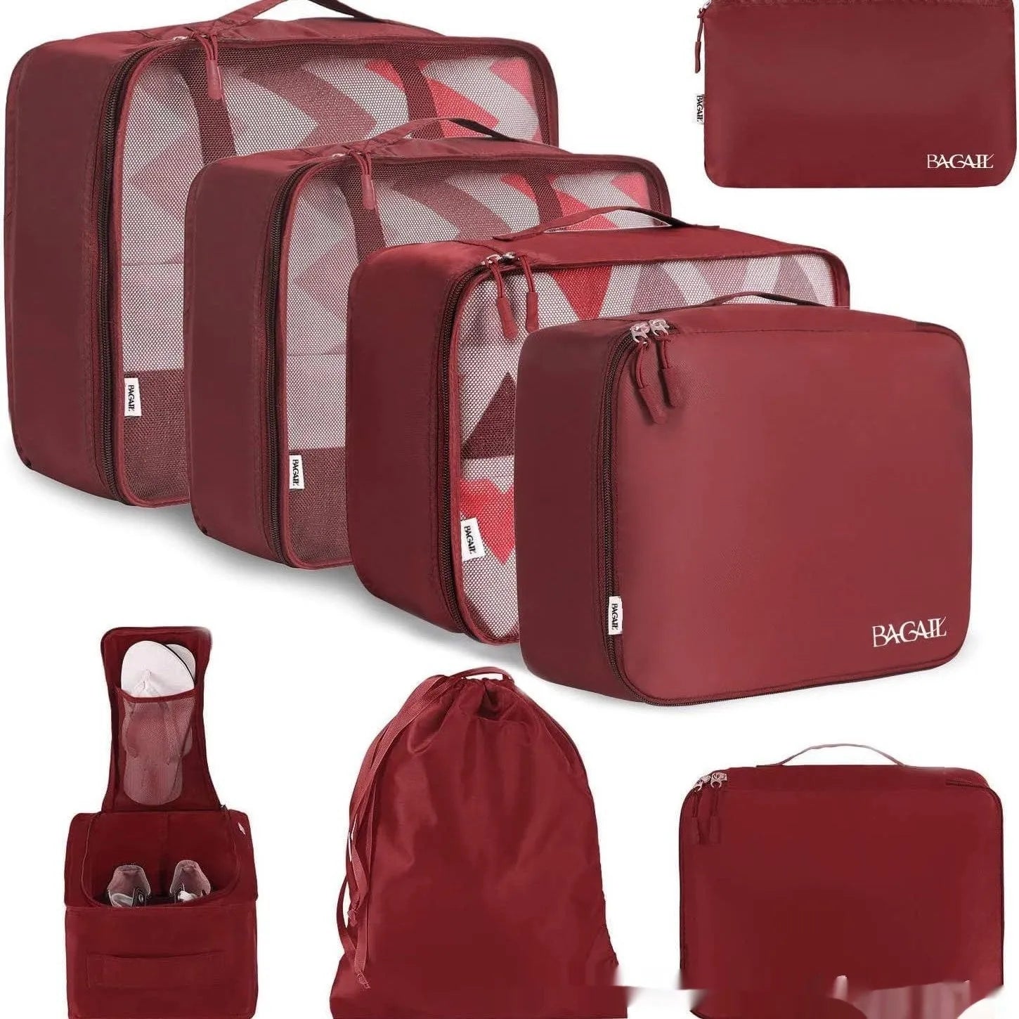 Set of eight PP packing cubes in various colours including beige, black, pink, and leopard print for travel organisation.