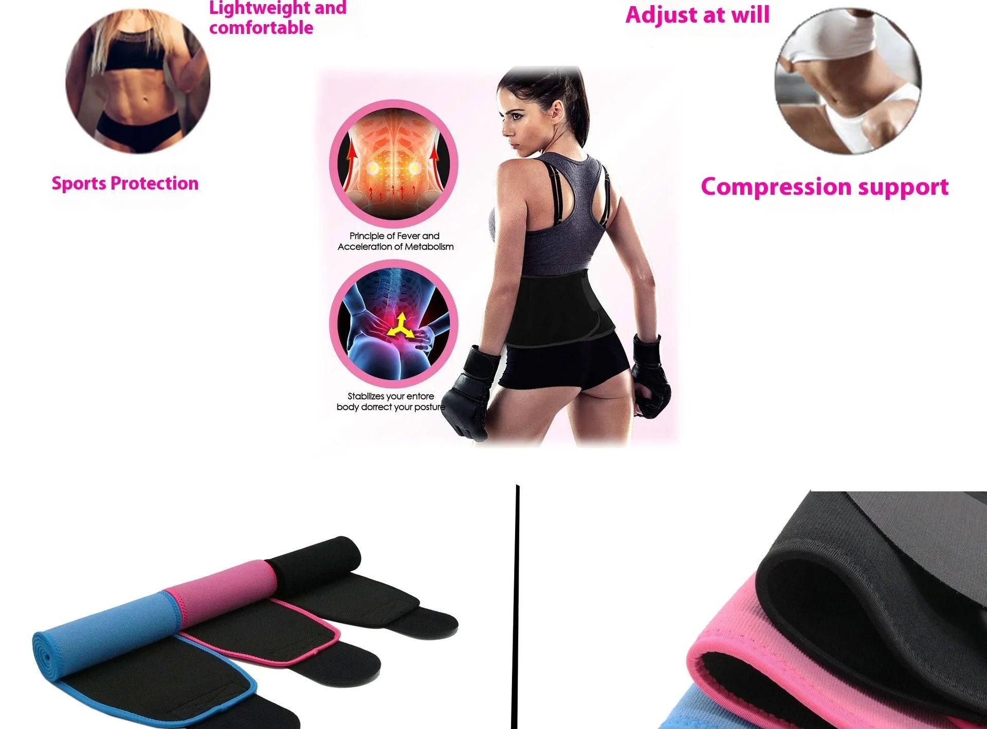 Adjustable neoprene lumbar support belt for fitness and running in black, blue, or pink.