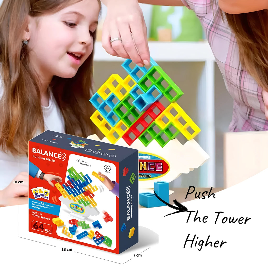 Plastic balance stacking game with 16 coloured building blocks, chassis, and base on a table