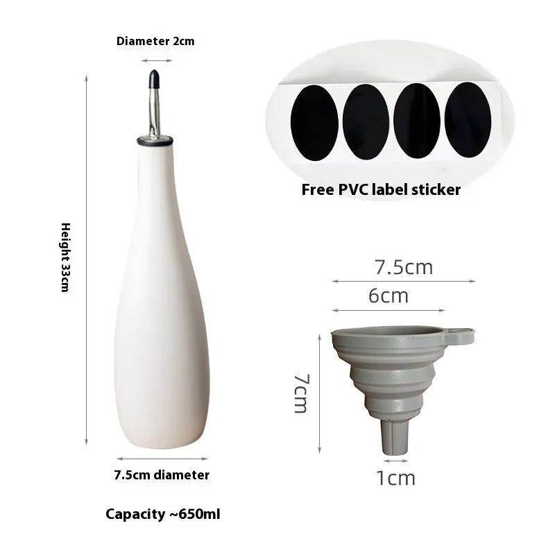 Ceramic oil pot with funnel and brush for kitchen oil storage in 650ml capacity