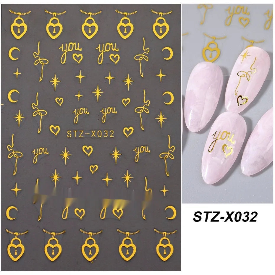 Sheet of black and silver love heart pattern nail art stickers with a plastic nail patch.