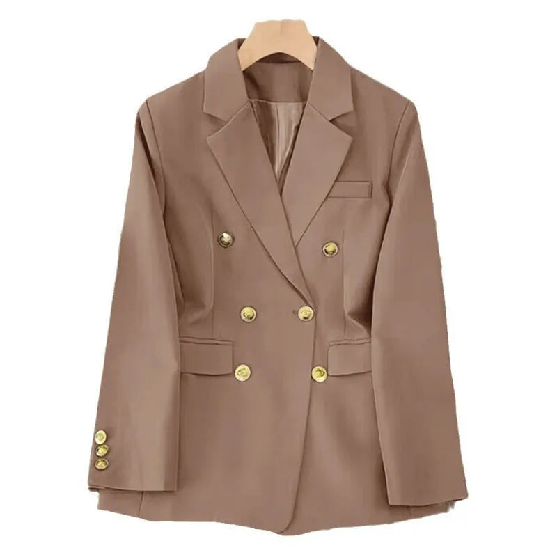 Womens loose fit khaki polyester blouse and trouser set for office wear