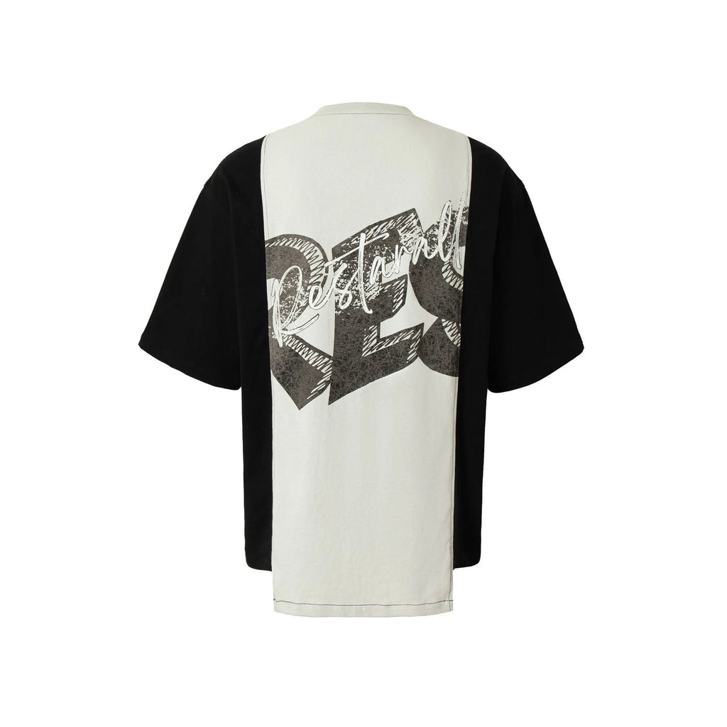 Black and white deconstruction print oversized t-shirt with stitching detail on cotton blend fabric