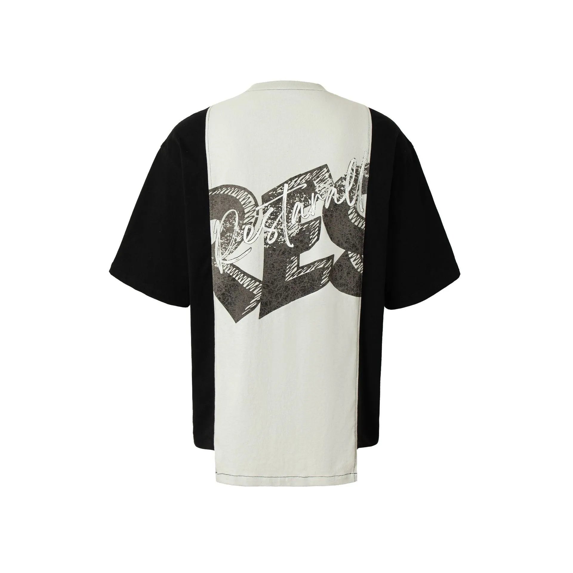 Black and white deconstruction print oversized t-shirt with stitching detail on cotton blend fabric