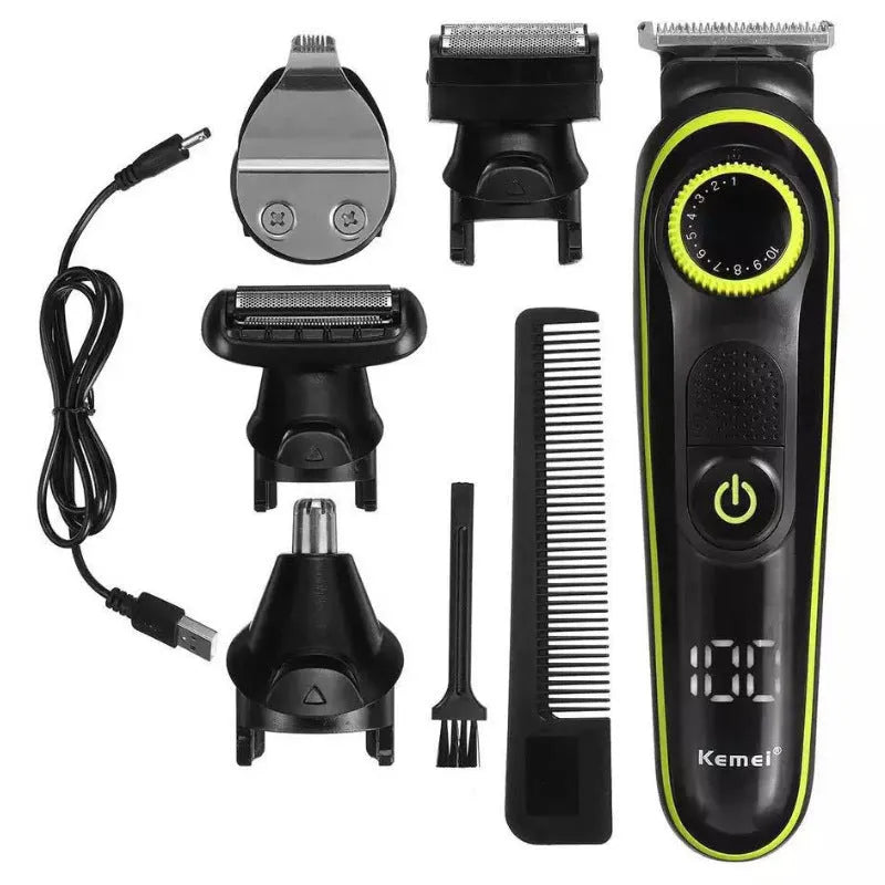 Black KM-696 rechargeable electric hair clipper set with stainless steel blades and accessories on a white background.