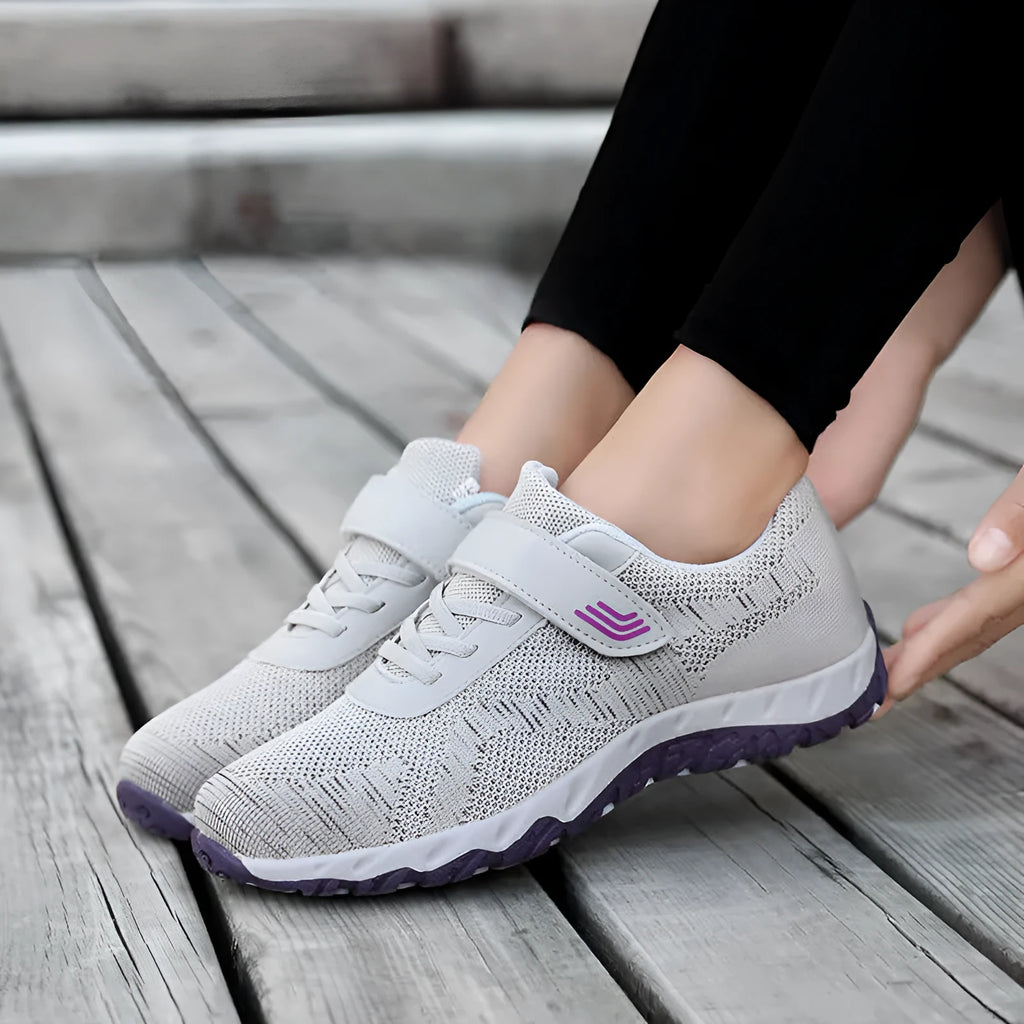 Women's low-top wedge heel shoes with mesh upper and Velcro strap in grey purple colour