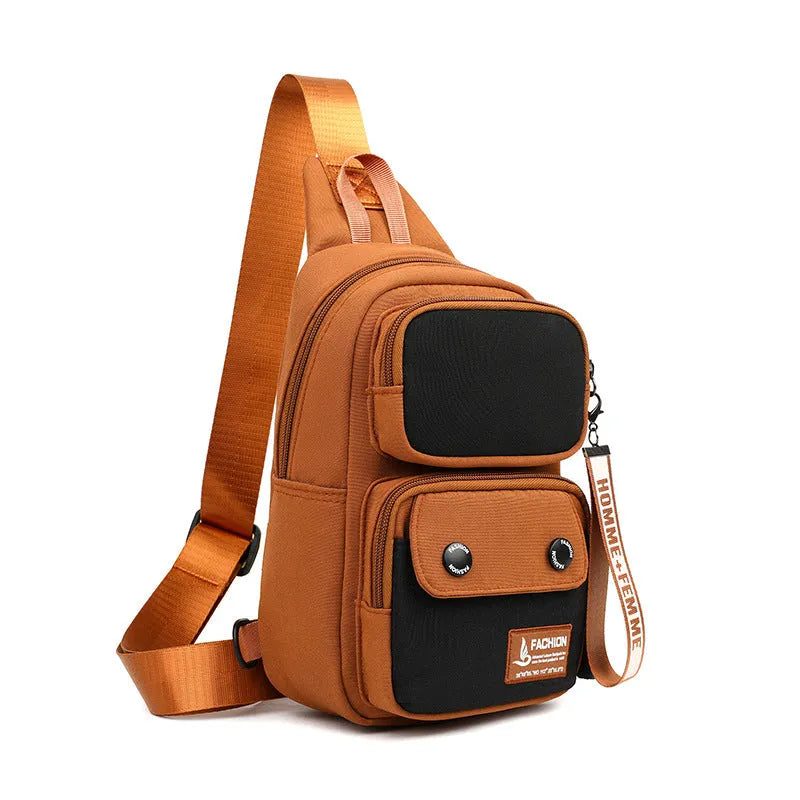 Nylon crossbody shoulder bag with letter pattern in beige contrast colour