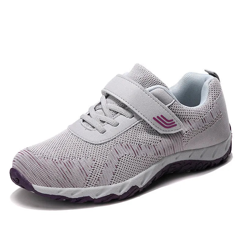 Women's low-top wedge heel shoes with mesh upper and Velcro strap in grey purple colour