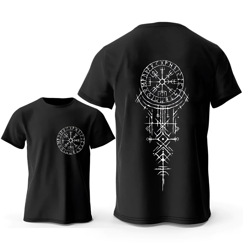 Men's grey t-shirt with a detailed Viking rune compass graphic printed on the chest.