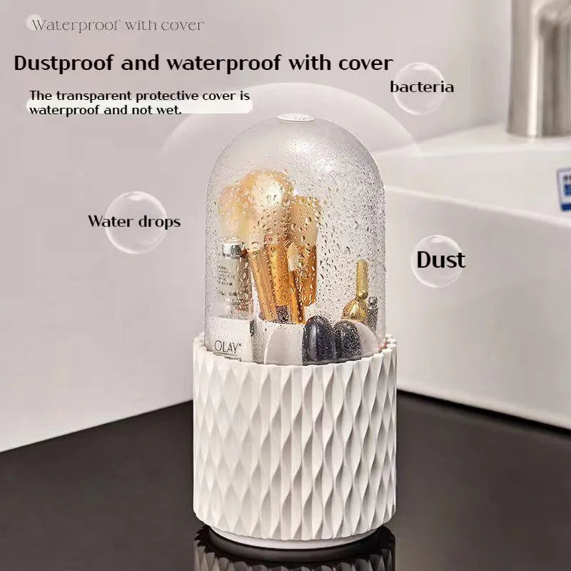 White rotating acrylic makeup brush storage box with transparent dustproof lid on dressing table