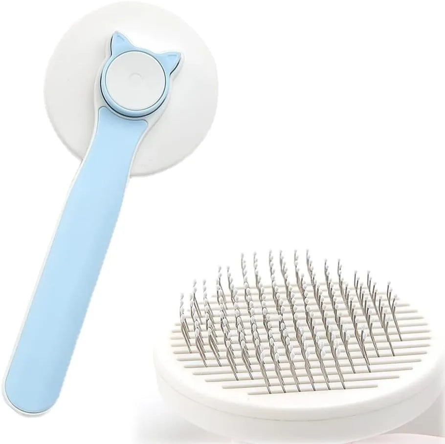 Blue self-cleaning cat and dog brush with rubber handle and retractable pins