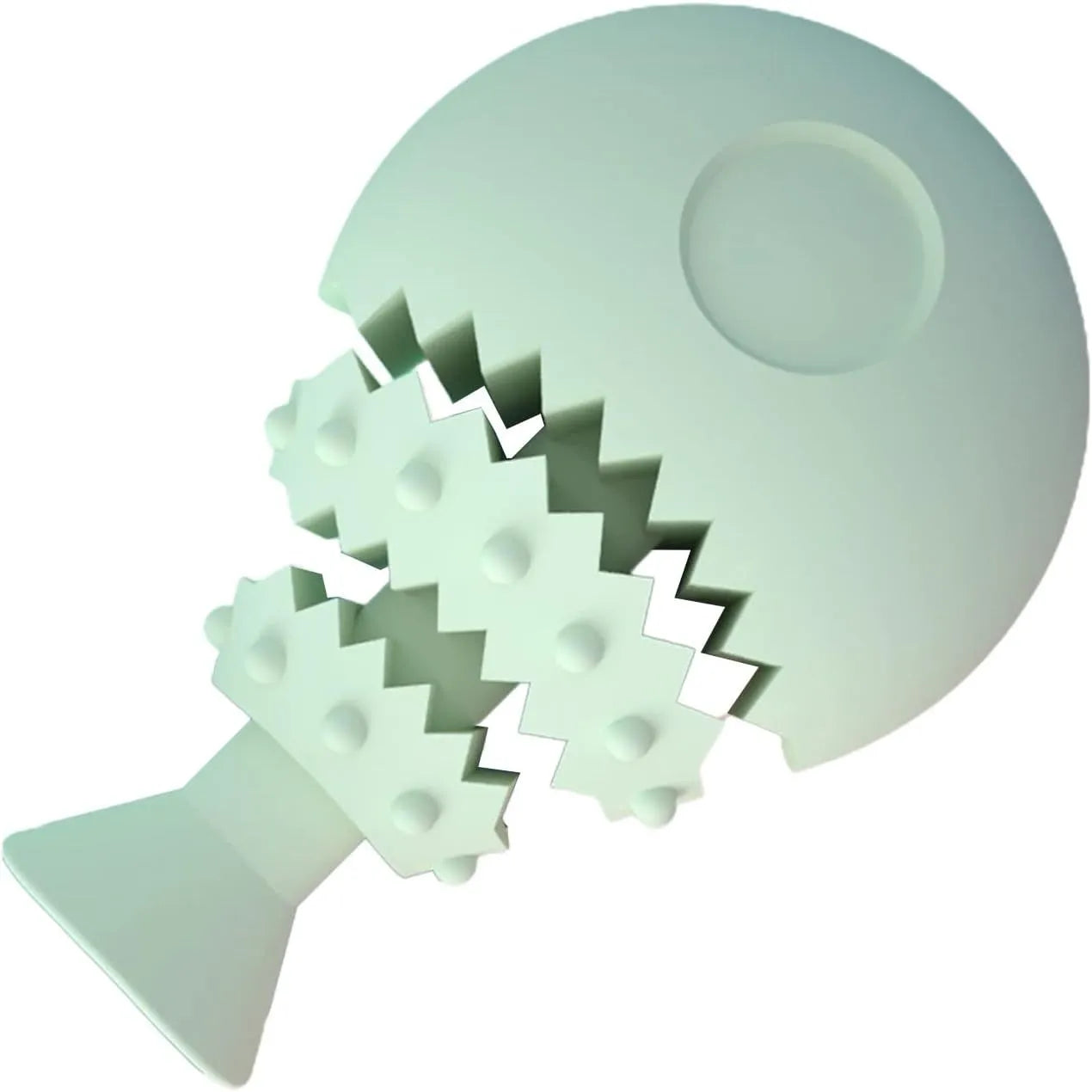 Blue fish bone shaped dog chew toy for teeth cleaning with a treat hole, shown next to a green and pink version.