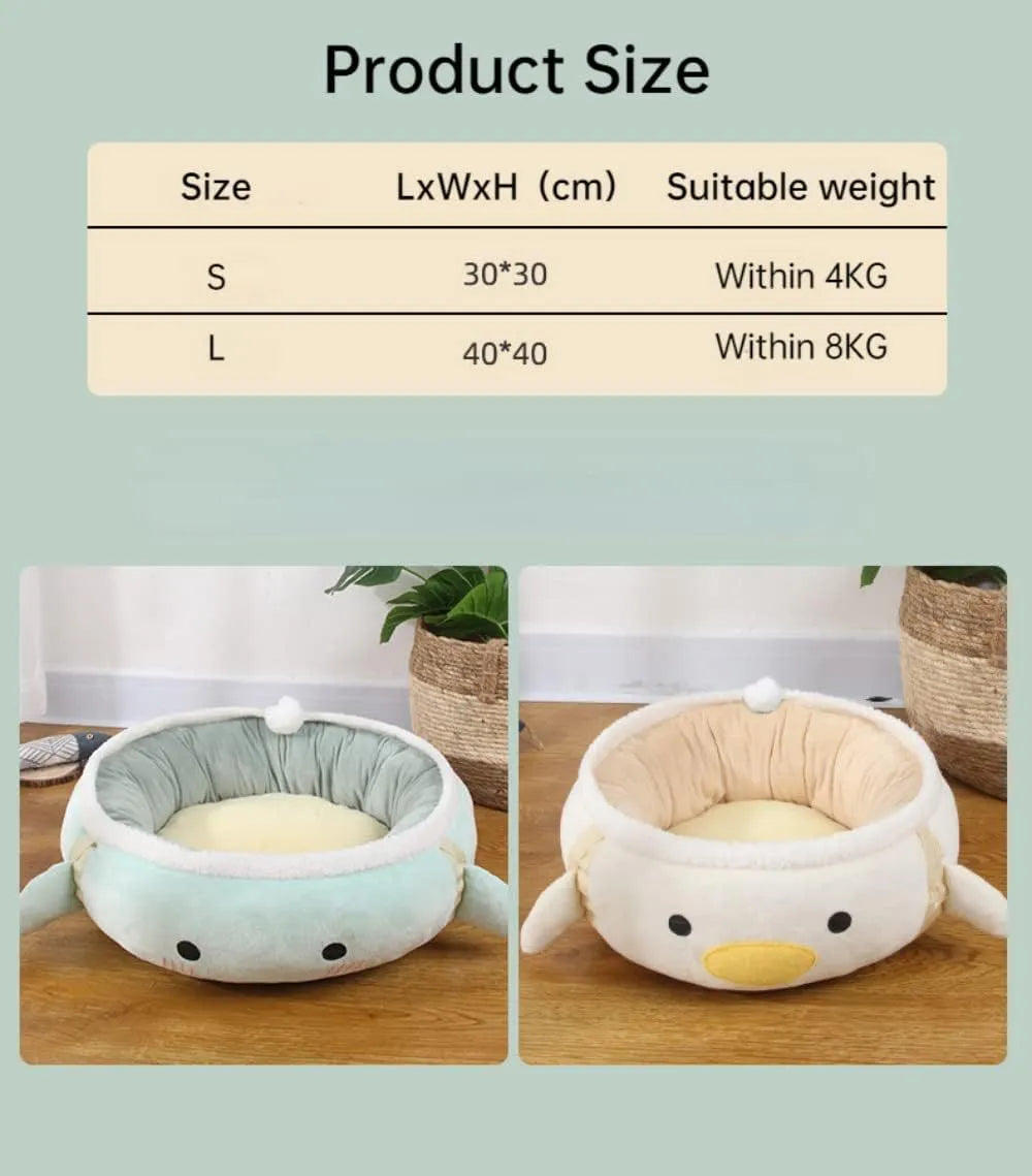 Green dinosaur and chick shaped cat bed shown both flat and hanging as a hammock