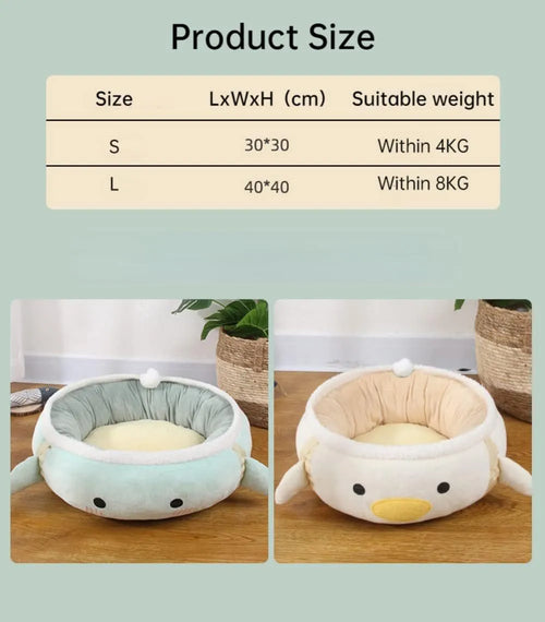 Green dinosaur and chick shaped cat bed shown both flat and hanging as a hammock