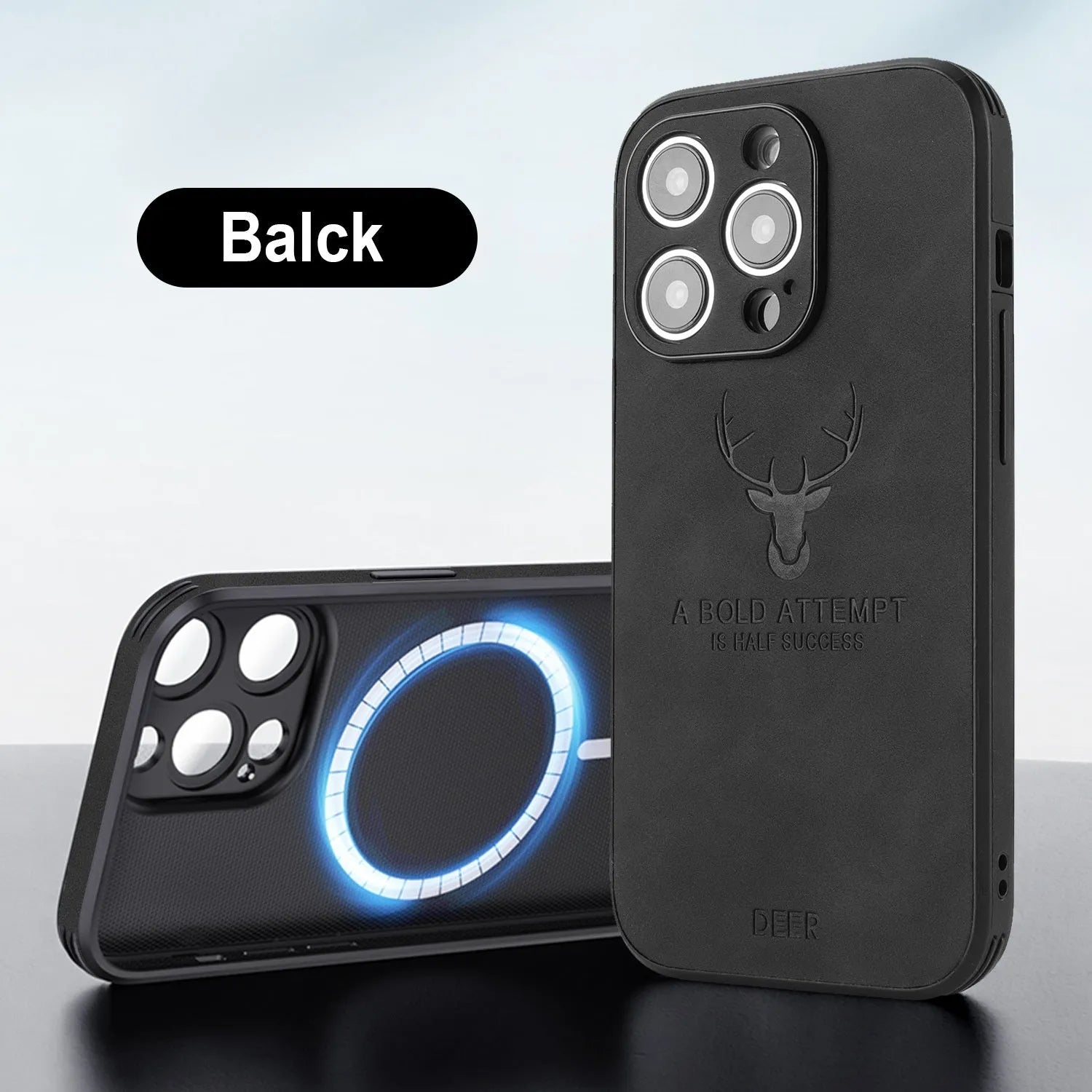 Magnetic charging iPhone 16 case with embossed moose head design in imitation leather material