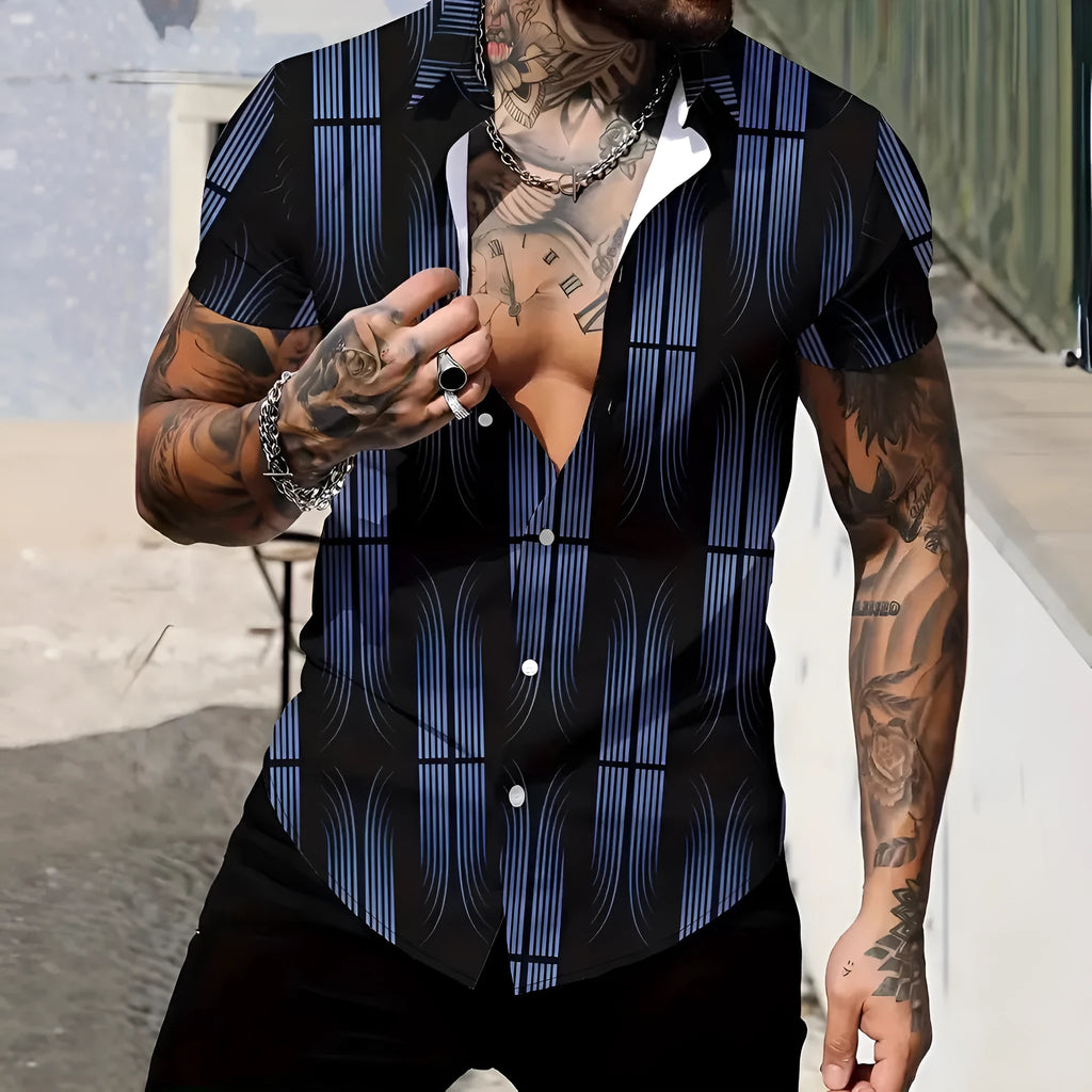Men's slim fit geometric line print short sleeve lapel shirt in polyester on a mannequin.