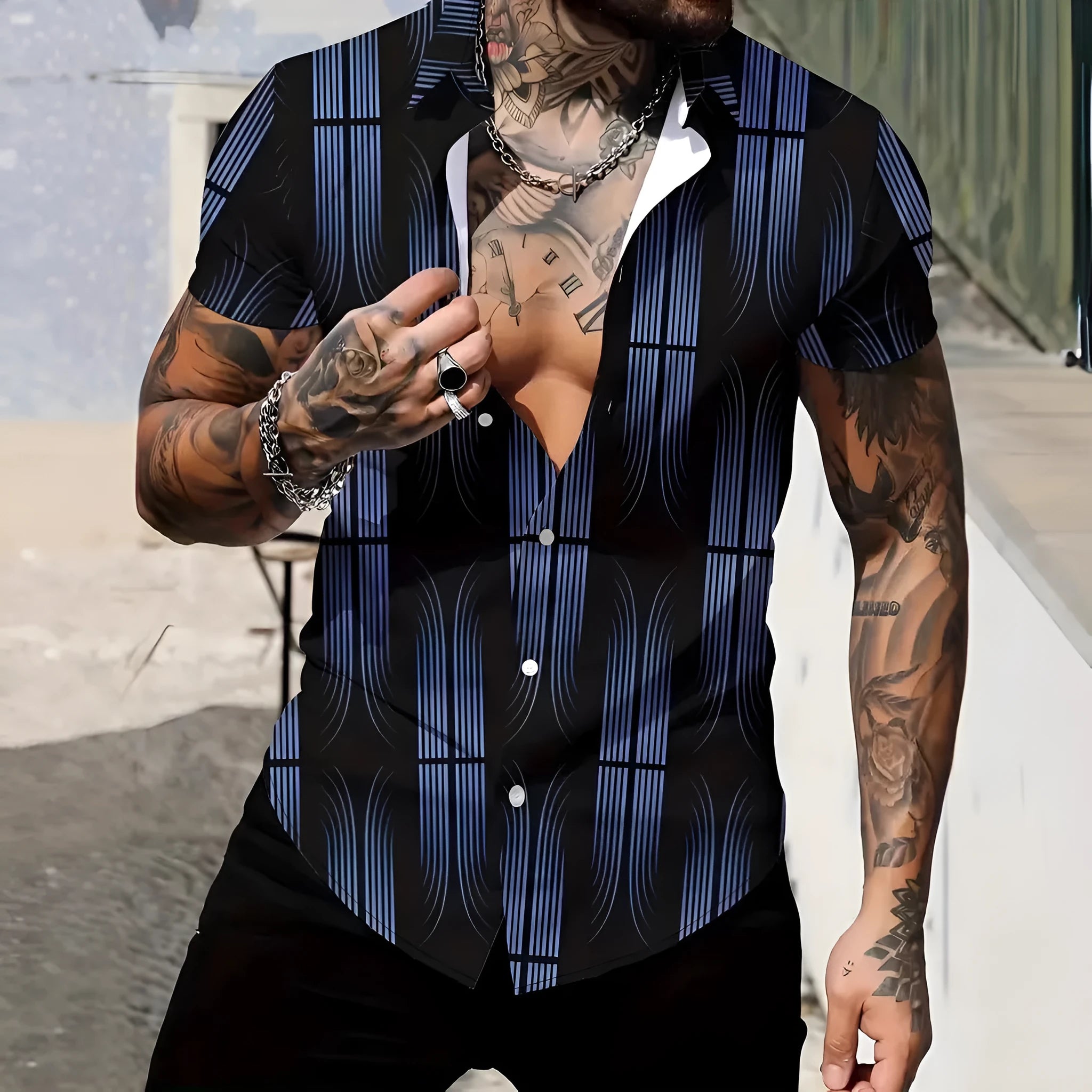 Men's slim fit geometric line print short sleeve lapel shirt in polyester on a mannequin.