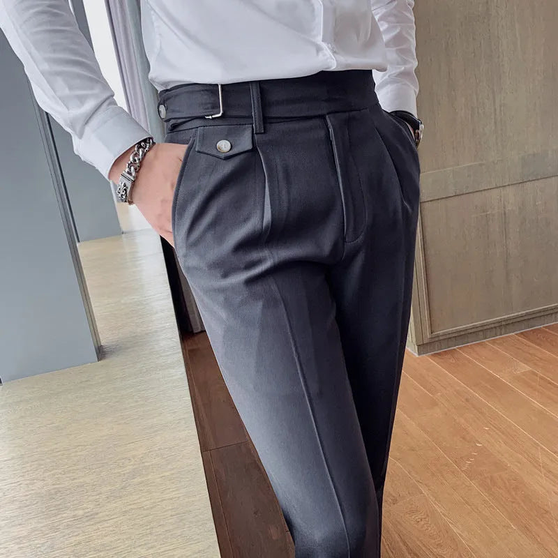 Straight-leg solid colour casual trousers in polyester on a size chart showing waist sizes 29 to 36.