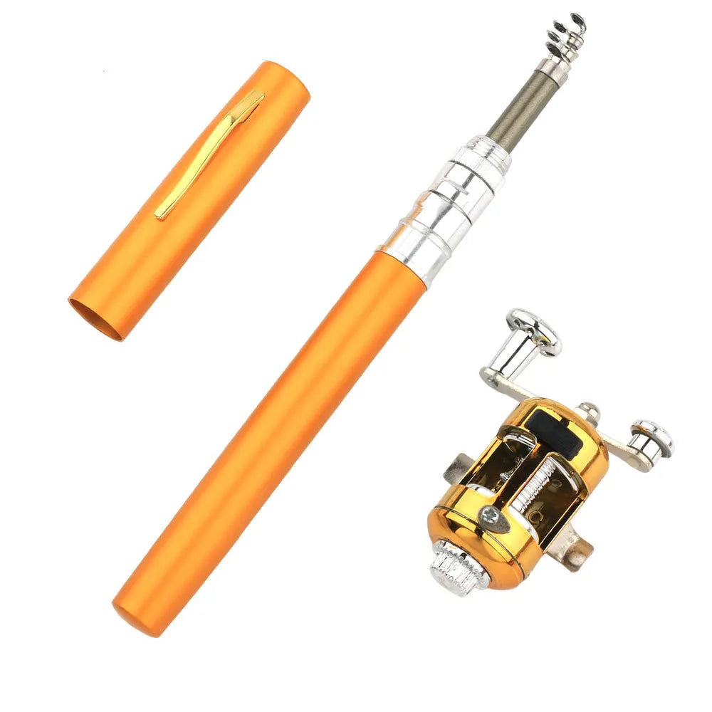 Telescopic pen fishing rod kit with aluminium case shown in gold colour alongside extended 1 metre fibreglass rod and ST5RL fishing reel