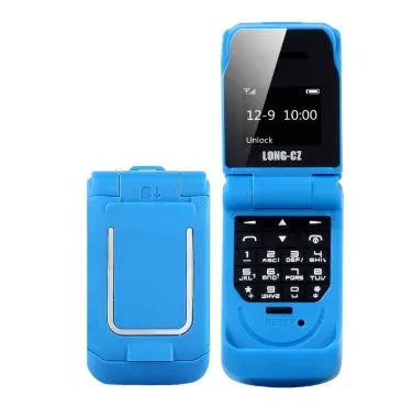 Mini flip phone in six colours with a flip cover and small screen.