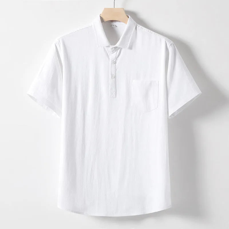 Men's loose fit short sleeve linen blend t-shirt in solid colour with lapels