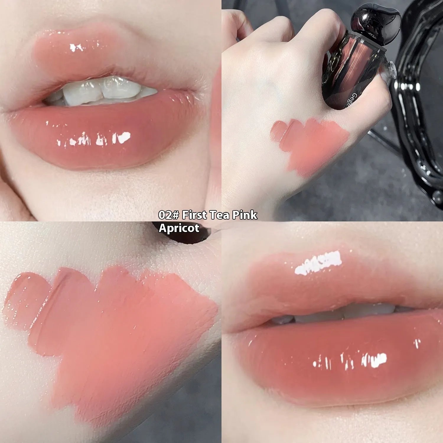 Glacier Lava Lip Lacquer lip gloss tube showcasing a high-shine, mirror finish, with visual of seven colour shade options.