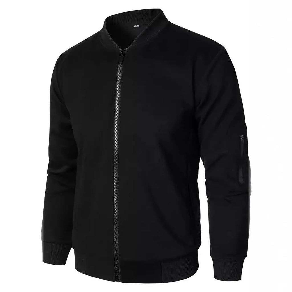Men's loose fit knitted jacket in black, blue, or grey, showing long sleeves and light business style.