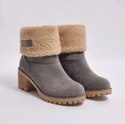 Women's suede mid-calf snow boots in multiple colours with a flat heel and round toe.