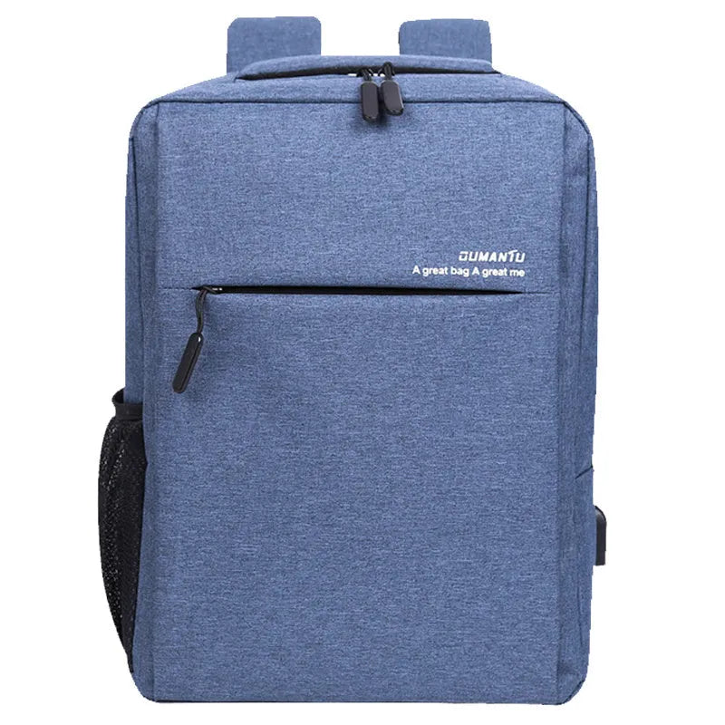 Black waterproof Oxford cloth laptop backpack with shoulder straps and built-in rechargeable power bank.