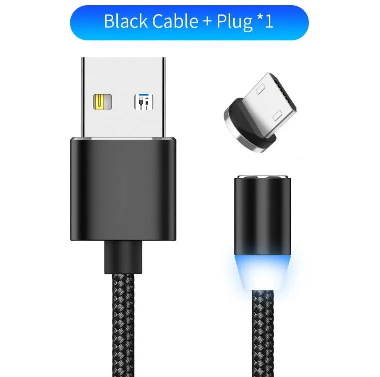 YBD black magnetic LED charging cable with cotton weave, aluminium shell, and LED light shown next to a smartphone.
