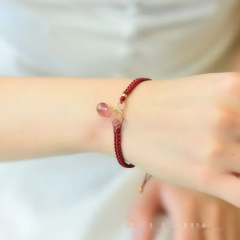 Natural Strawberry Quartz cherry bracelet for women with fruit-shaped beads on a stretch elastic band.