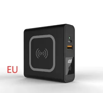 Black and white QI wireless charging power bank with PD20W fast charging and international travel plugs