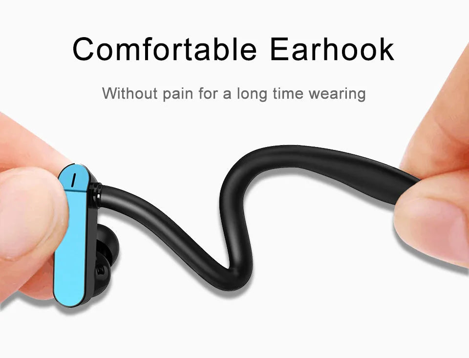 Sport earphones with ear hook design in black blue colour option for secure fit during exercise