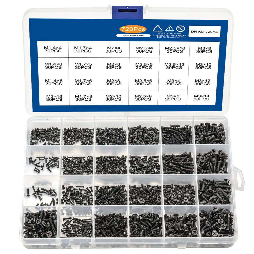Black countersunk head laptop screws with cross groove, showing diameter and length scale.