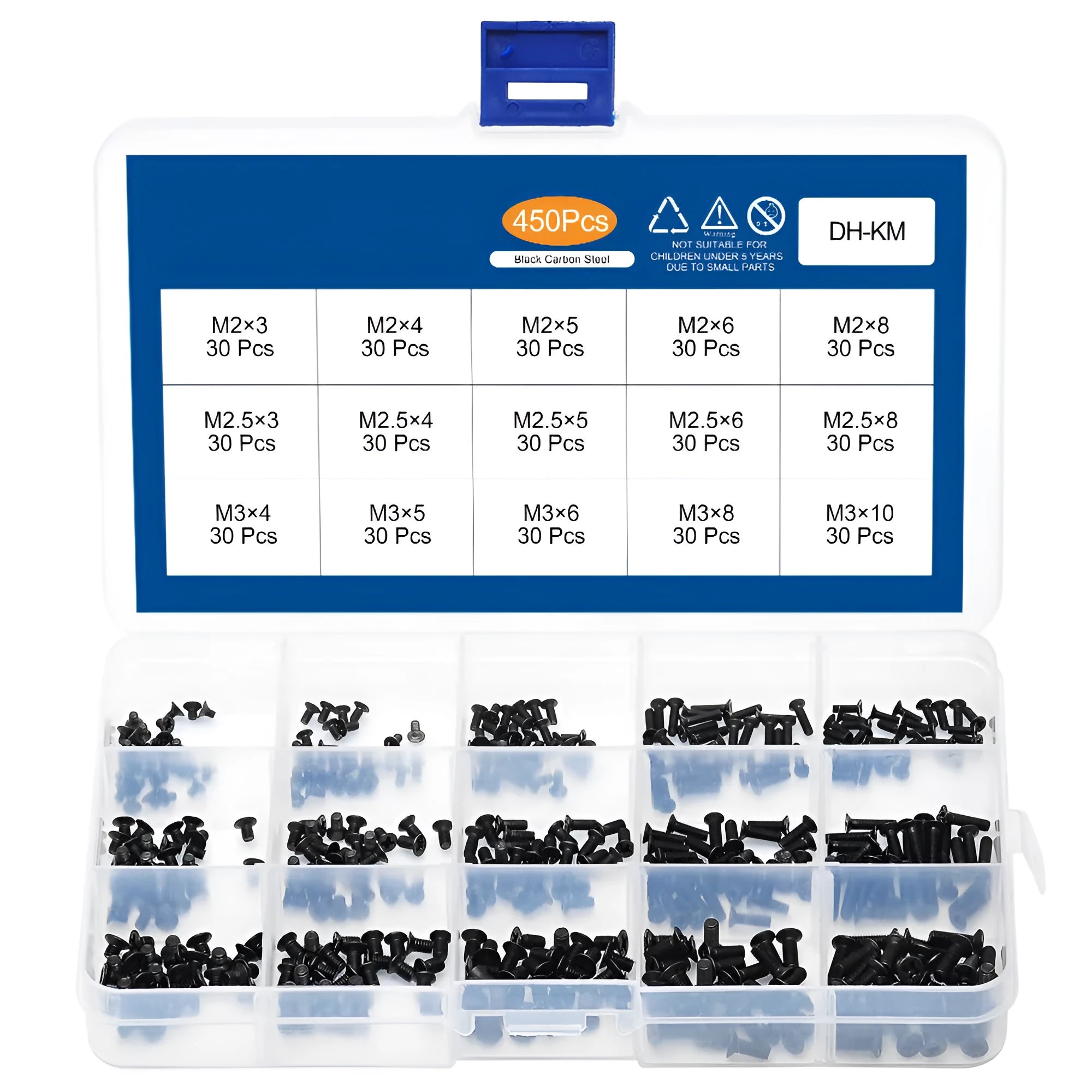 Black countersunk head laptop screws with cross groove, showing diameter and length scale.