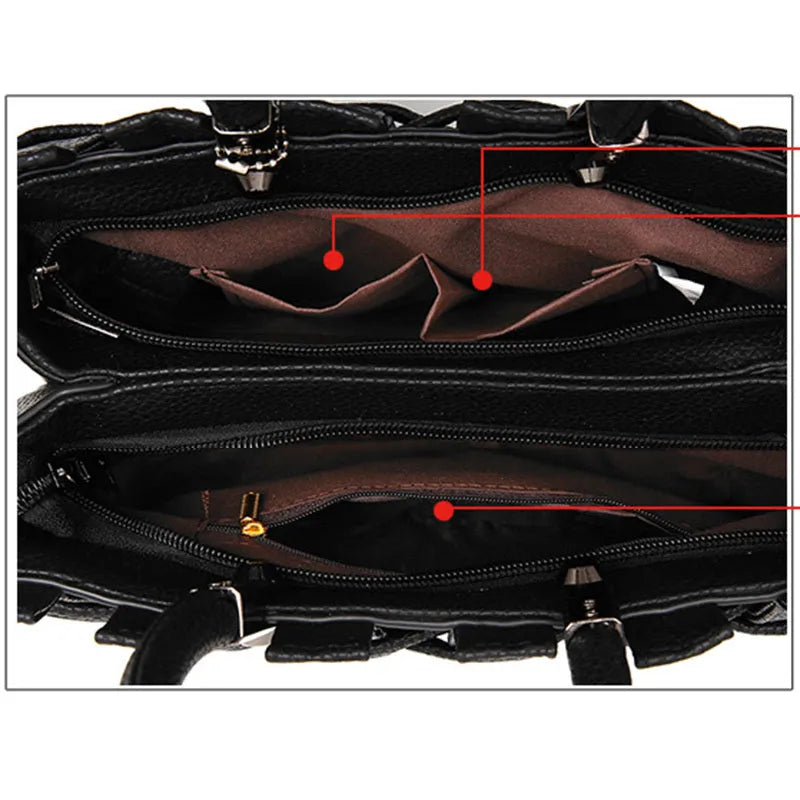 Women's PU shoulder handbag in black with multiple internal pockets and polyester lining