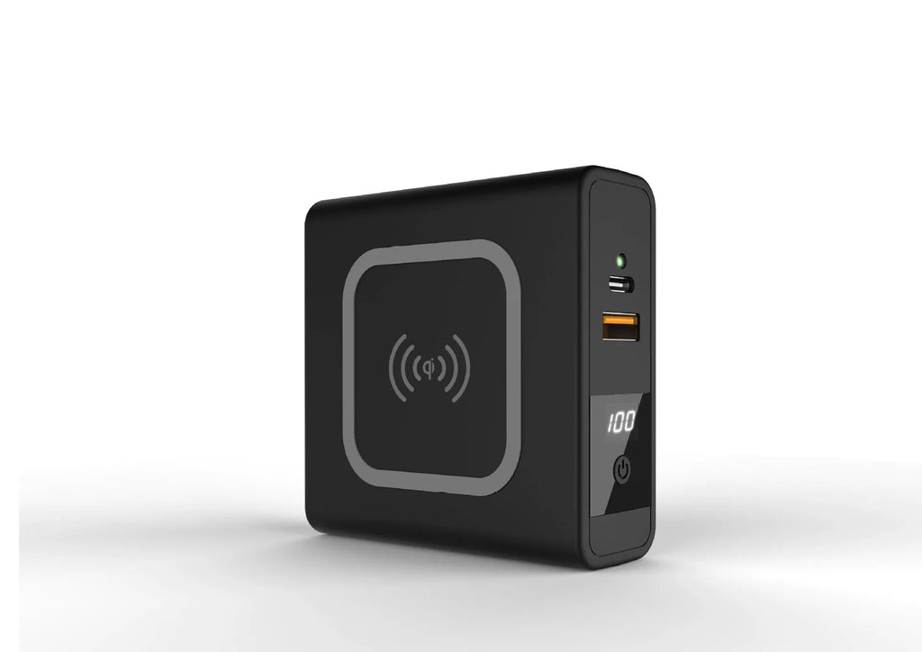 Black and white QI wireless charging power bank with PD20W fast charging and international travel plugs