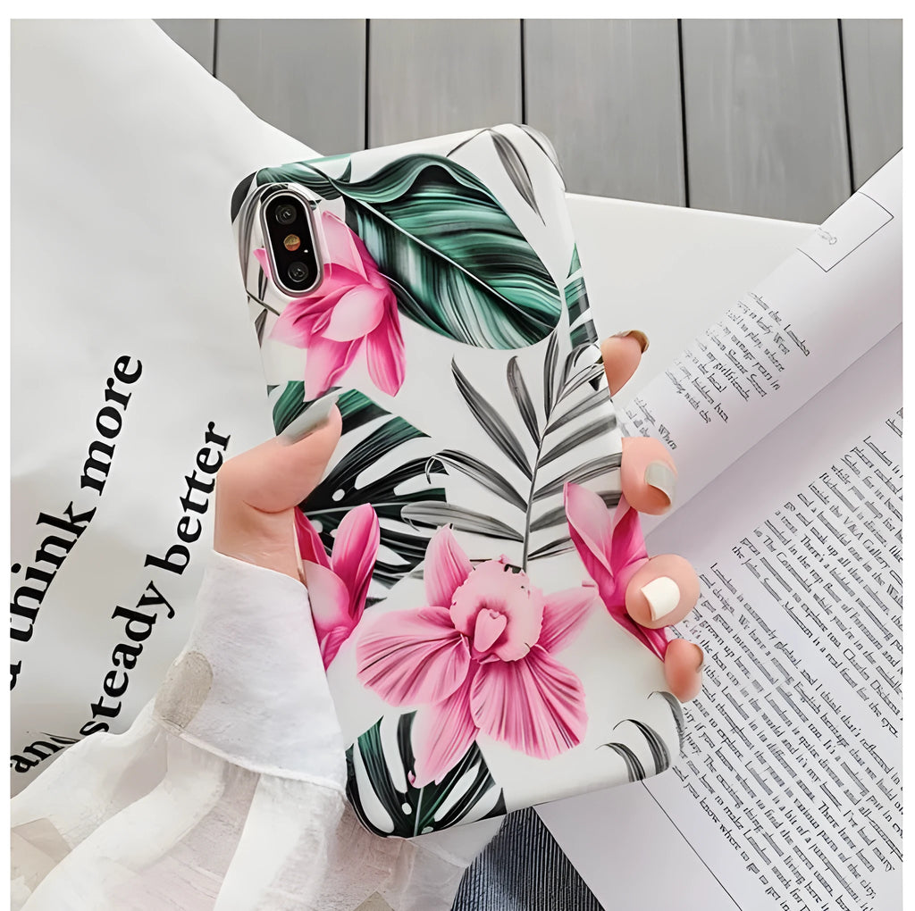 Pink floral pattern TPU iPhone case back cover showing flower design