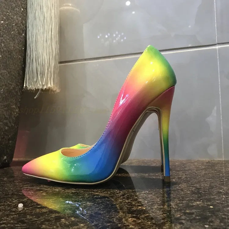 Rainbow patent leather women's high heels with pointed toe and ultra-high thin stiletto heel.