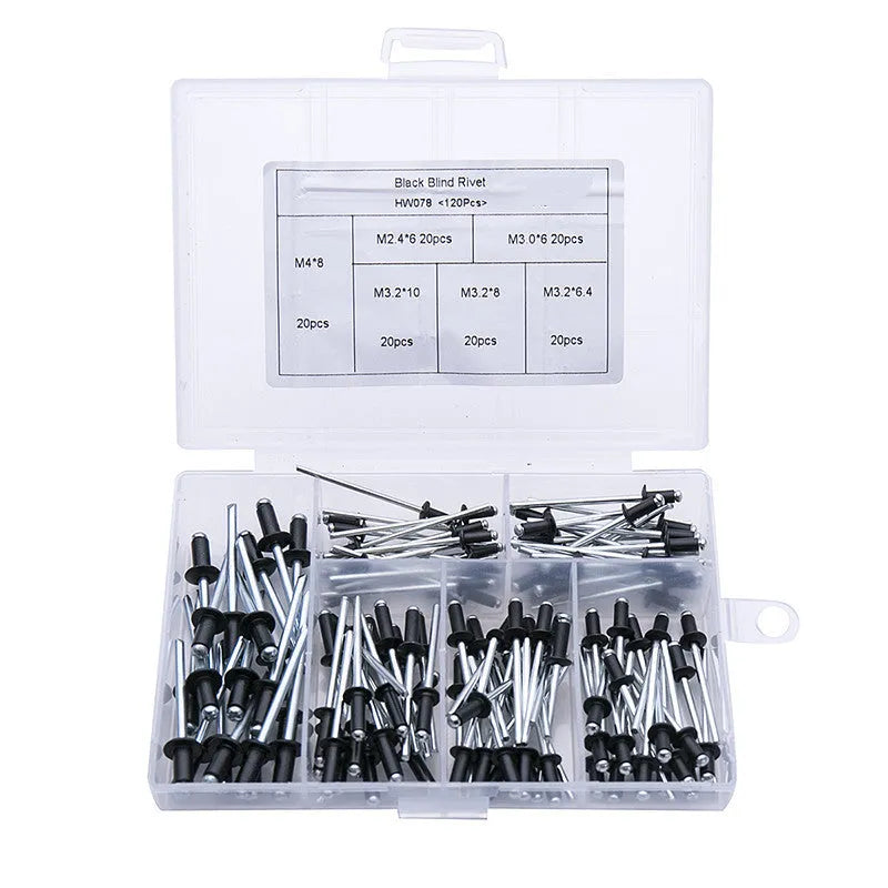 Black metal electric drill rivet gun with handle, wrench, and rivet heads, 173mm long.