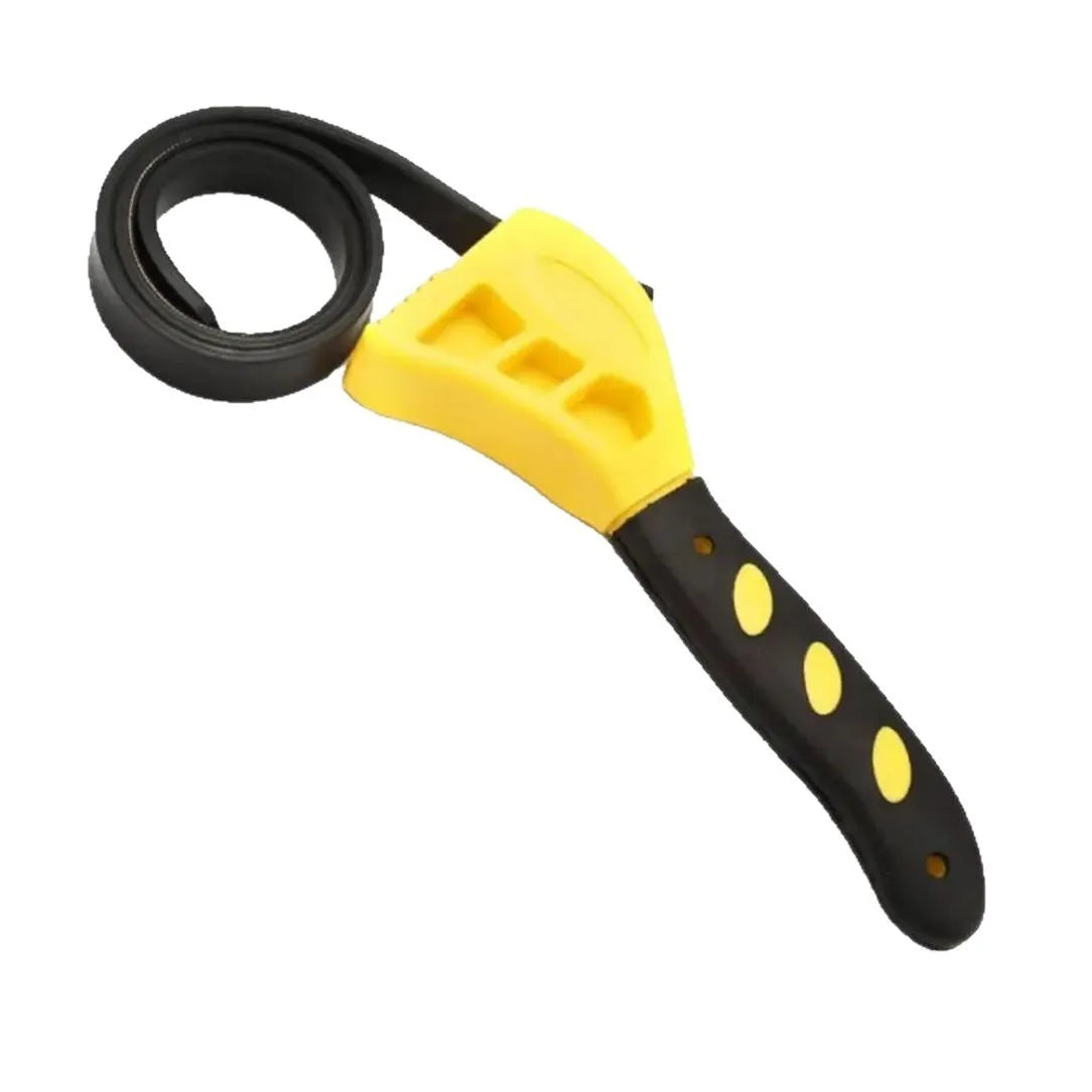 A 6-inch and an 8-inch adjustable rubber strap wrench set with plastic handles and a phosphated metal finish.