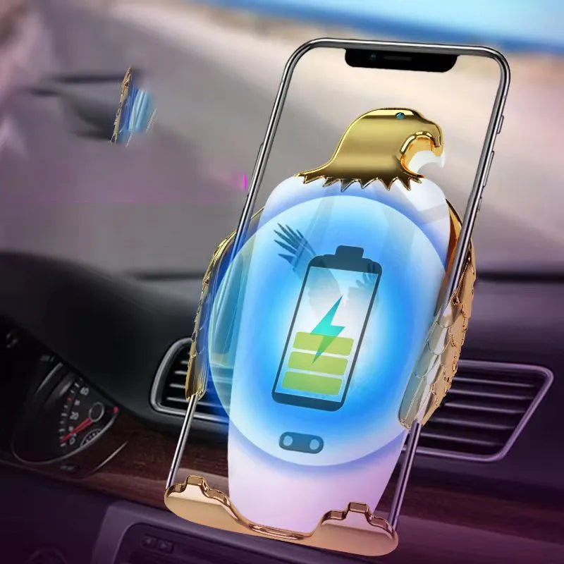 Car phone holder with wireless charging in Eagle design style, showing black and gold colour option