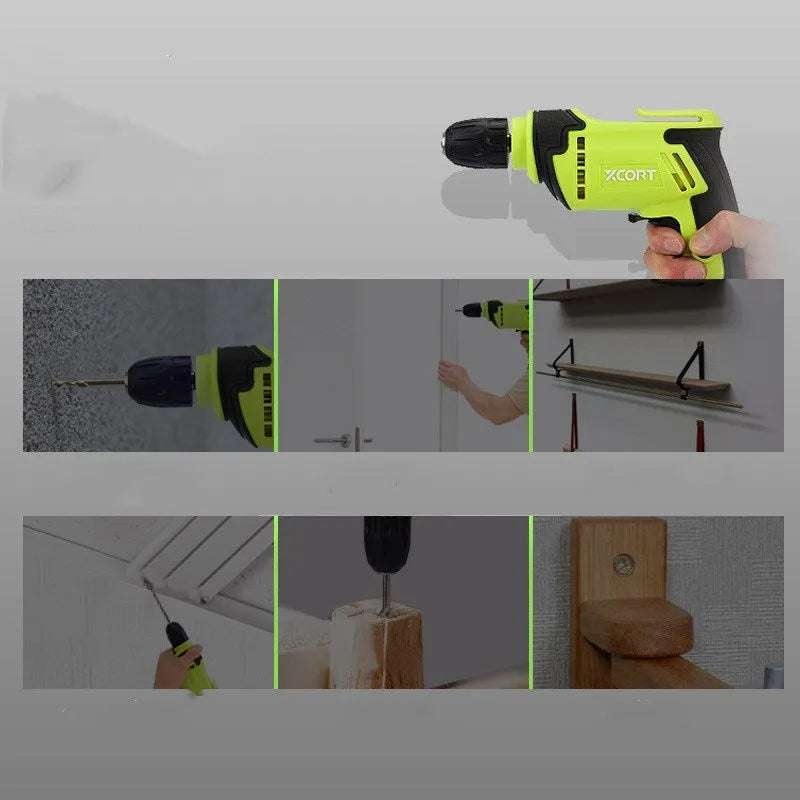 450W pistol grip electric drill with 10mm chuck on a workbench.