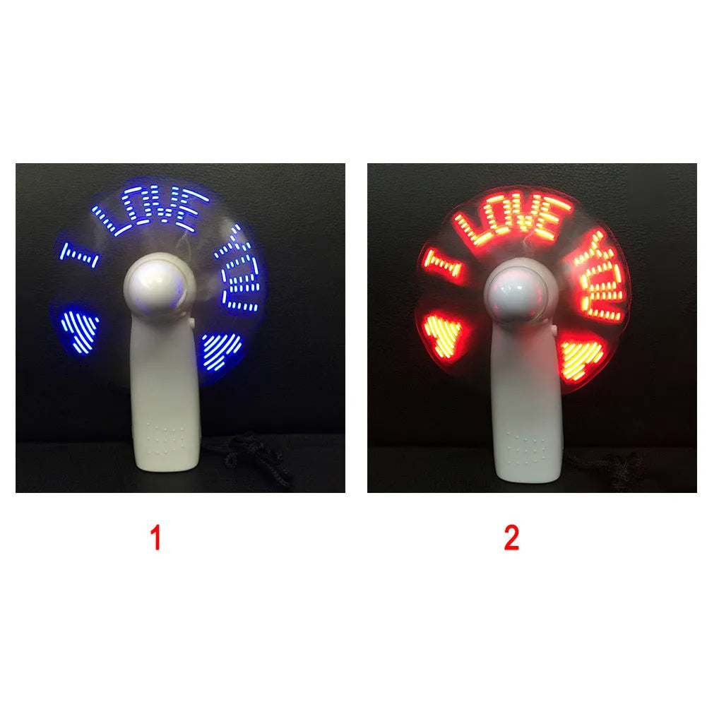 White handheld mini fan with blue and red LED lights flashing a love message pattern