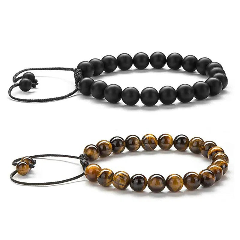 Geometric agate bead couple bracelets in tiger eye and matte black colours
