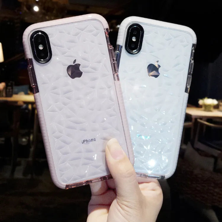 TPU iPhone case with striped pattern shown in pink with white edge detailing, compatible with multiple iPhone models