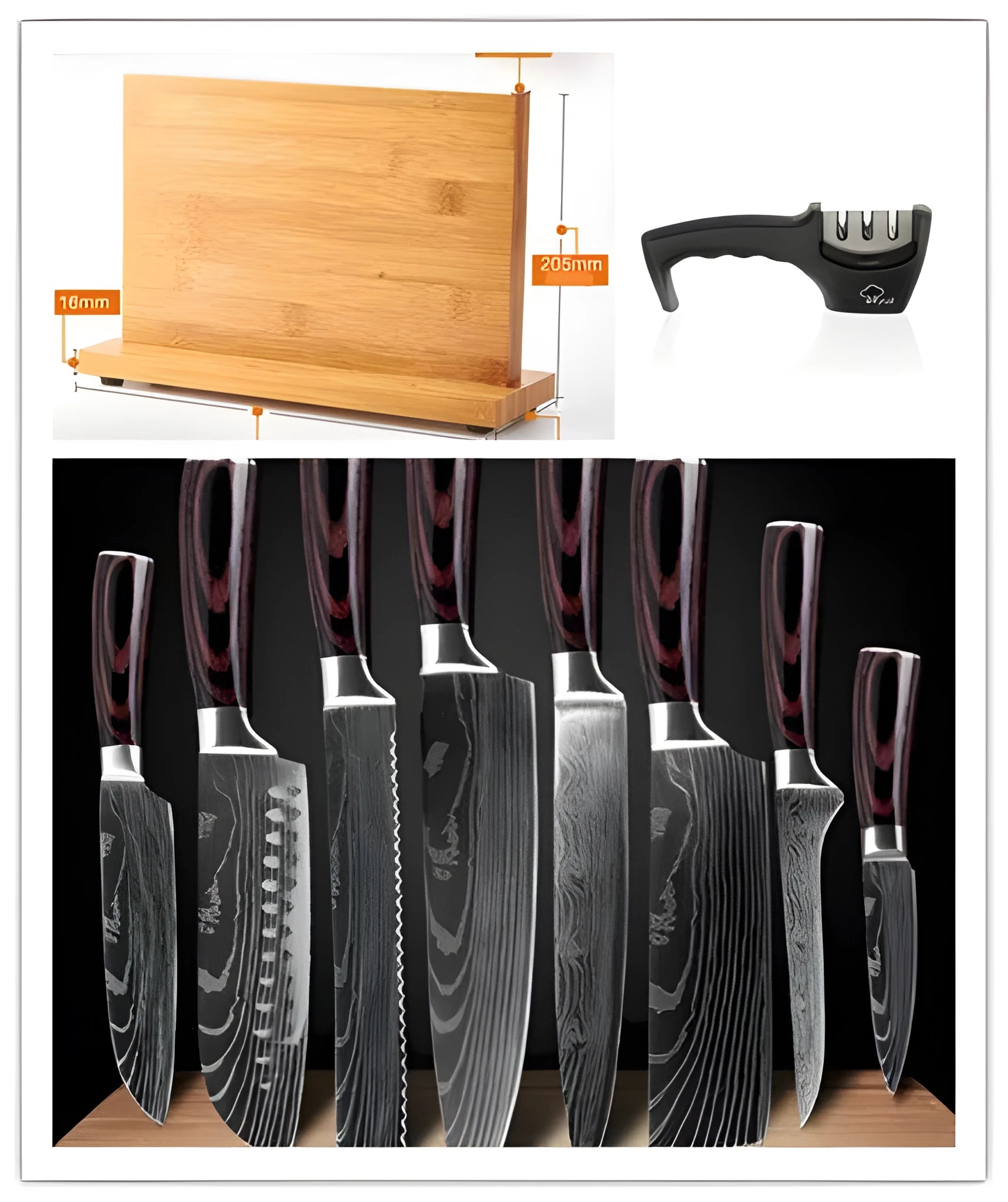 8-piece kitchen knife set with chef's knife, meat cutter, and additional Damascus steel carving knife on wooden board
