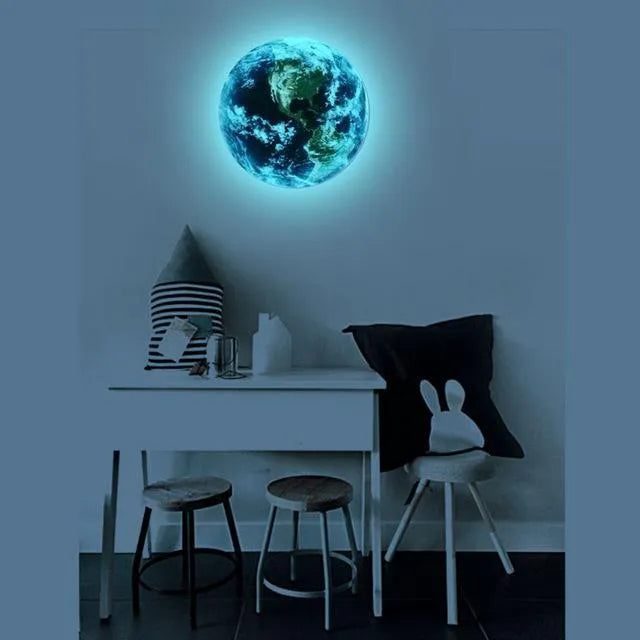 Glow in the dark 3D Earth planet wall sticker showing luminous effect in darkness