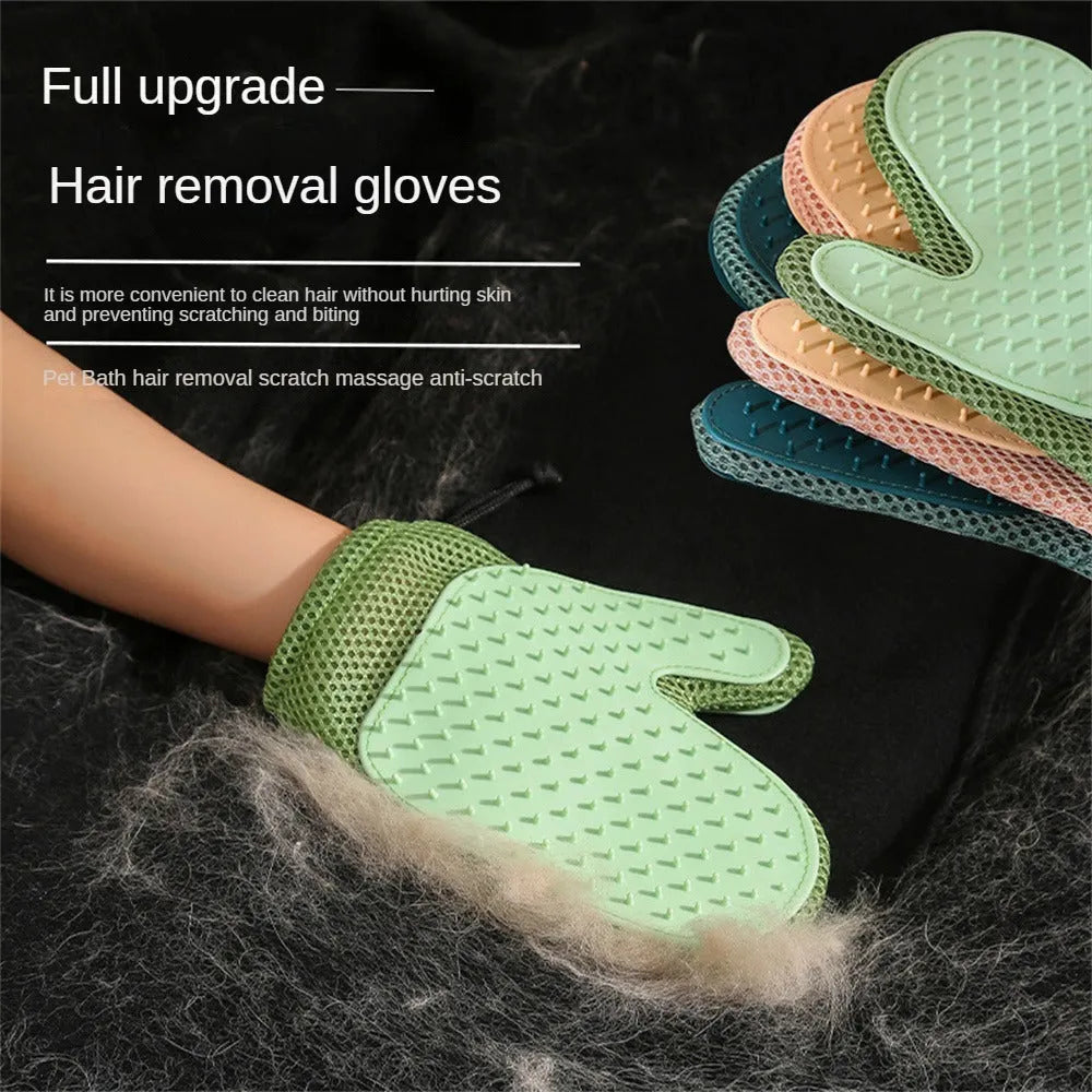 Dark blue pet hair removal glove with mesh surface for grooming dogs and cats and cleaning furniture.