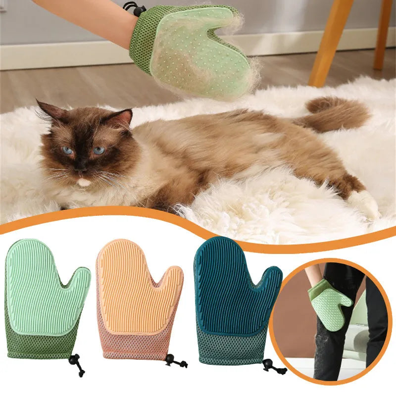 Dark blue pet hair removal glove with mesh surface for grooming dogs and cats and cleaning furniture.